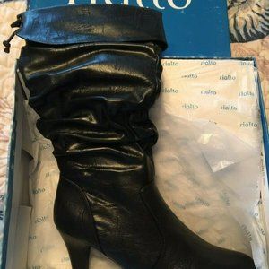 RIALTO BLACK CUFF TOP HEELED BOOTS WITH BOW ACCENT